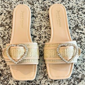 Juicy Couture Cream Braided Slide Sandals with Rhinestone Buckle